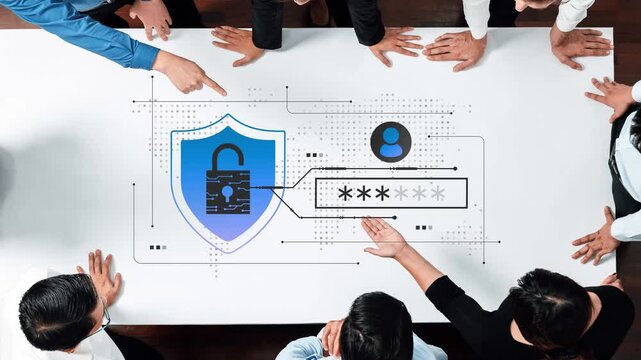 Collaborative Team Discussing Cybersecurity Strategies with Digital Lock Graphic and Password Input Interface on Modern Workspace Table Gluon.