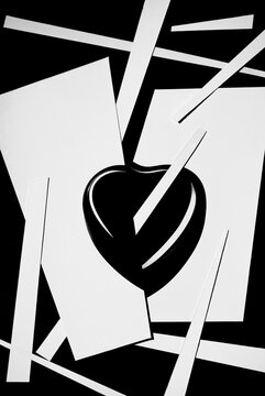 coeur noir sur fond graphique d&eacute;coup&eacute; ,  illustrant des &eacute;motions et sentiments d&eacute;coup&eacute;s dans du carton blanc .image noir et blanc , intemporelle..love is in the air 