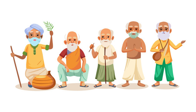 Elderly Indian men wearing face masks in various traditional outfits and poses