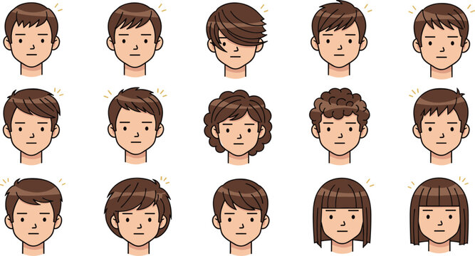 Kids boys hairstyle icon set with different short straight and curly haircuts cute cartoon avatar collection vector illustration