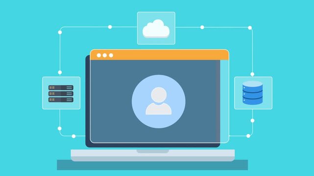Animated flat illustration of a laptop displaying cloud user dashboard with server and database management interface on a clean minimal background.