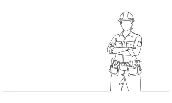 Continuous one line drawing of young handy woman pose cross arms on chest before going to work. Single line draw design vector graphic illustration