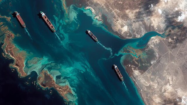 space view of Strait of Hormuz showing cargo ships crossing narrow waterway, geopolitical maritime corridor, Five cargo ships navigate turquoise waters. Green swirls mark oil spills in the sea. 