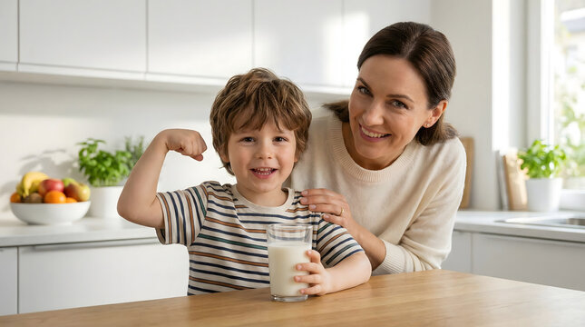 Mother and Son Drinking Milk Together in Bright Kitchen Healthy Lifestyle Concept