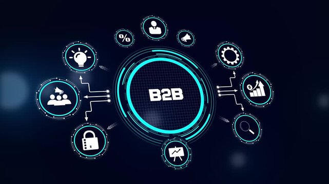 B2B business concept HUD animation for corporate partnership and commercial distribution network videos showing professional icons