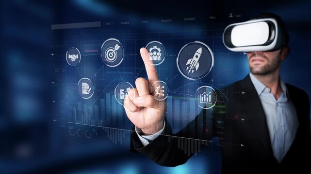 A businessman engages with virtual reality technology to analyze data in a modern office, interactive elements enhance decision-making and business strategies. Raster