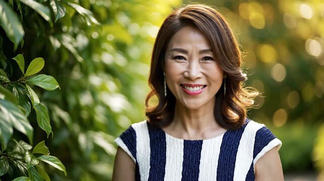 Smiling asian woman portrait with lush greenery background in soft light
