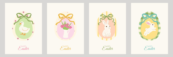 Set of vintage coquette Easter greeting cards. Hand drawn egg with frames, bows and ribbons featuring bunny, duck and spring flowers. Whimsical Easter card collection © Huma Fida