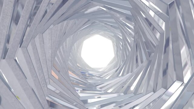 Futuristic silver metallic tunnel with geometric frames and twisting perspective