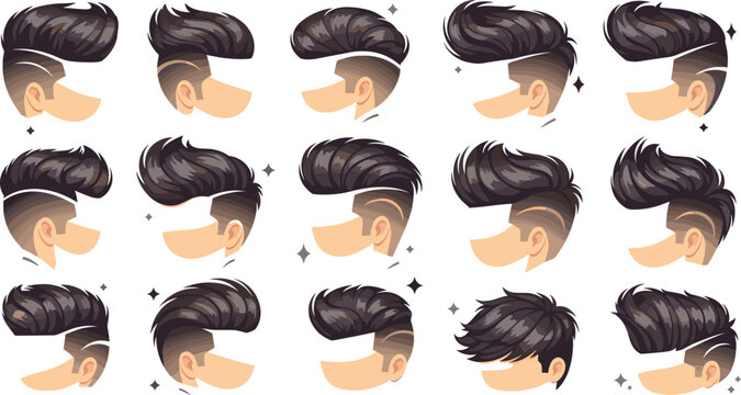 Men modern hairstyle icon set with stylish undercut fade and pompadour haircuts trendy barber fashion collection vector illustration