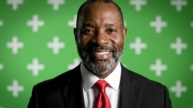 Smiling mature businessman portrait with green background and white plus sign