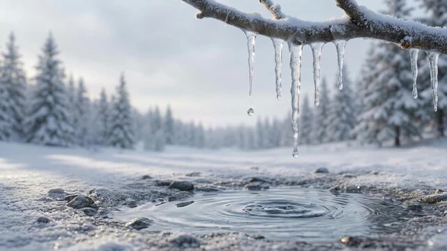Winter icicle thaw cold ice waterdrop branch snow forest scene with melting drip over pond in silent landscape near calm sky