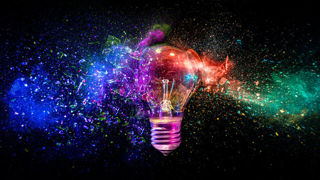 Real Light bulb bursting colorful vibrant energy
