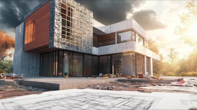 Contemporary home design, architectural development, modern residential structure, conceptual building model, advanced spatial layout, future dwelling creation