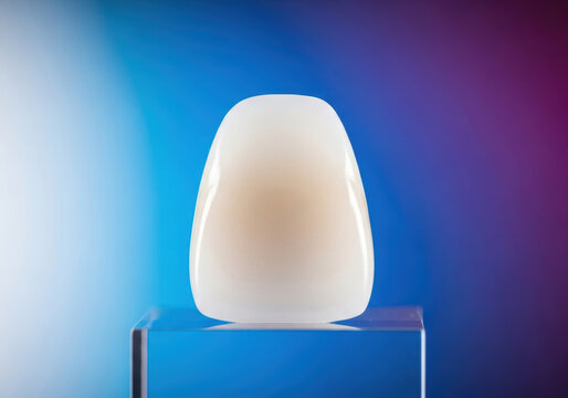 Elegant white dental veneer on stand translucency fine detail professional lighting soft glow aesthetic prosthesis