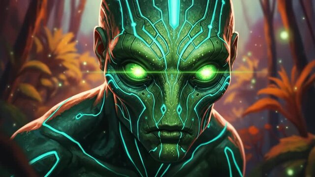 Mysterious Alien Being with Glowing Green Eyes in a Lush Jungle Environment.