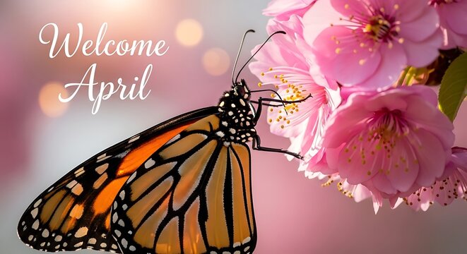 Monarch butterfly on pink flowers welcome April spring banner