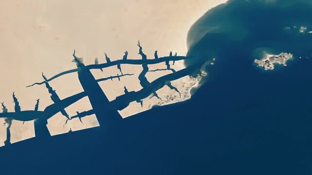 Aerial view of a coastal region with intricate water channels and landmasses, showing sediment patterns and ocean currents from above.