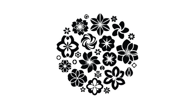 Intricate black and white floral pattern with symmetrical petals and leaves