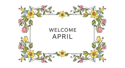 Fototapeta premium Floral welcome april wreath with spring flowers and greenery border