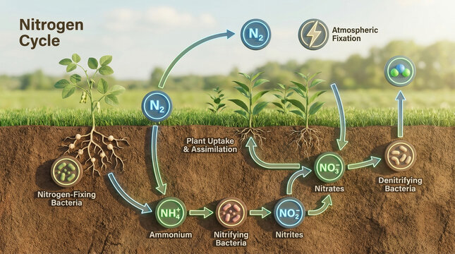 Illustration of the Nitrogen Cycle Showing the Processes Involved, with Vibrant Plants and Soil Elements Illustrating a Healthcare and Medical Concept