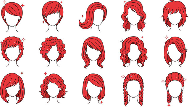 Red hair women hairstyle icon set with short curly braided and wavy styles modern beauty avatar collection flat vector illustration