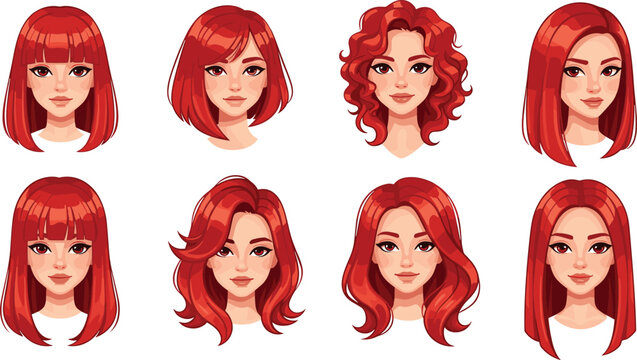 Red hair women portrait collection with different hairstyles including bob curly and long styles modern beauty avatar vector illustration set