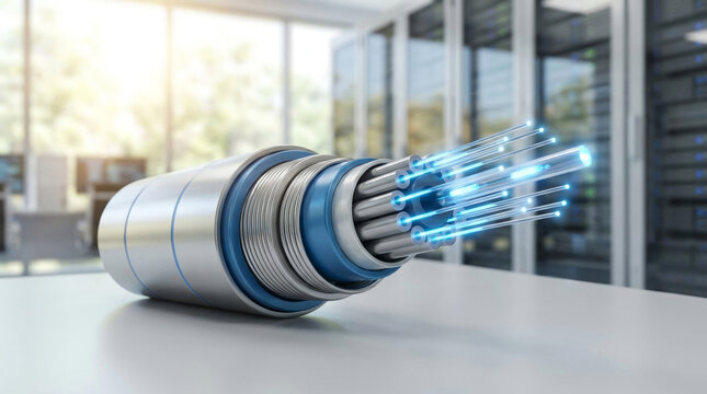 Close-up View of a Fiber Optic Cable Showcasing Core Fibers and Light Pulses, Representing High-speed Data Transmission Perfect for a Design Background Concept