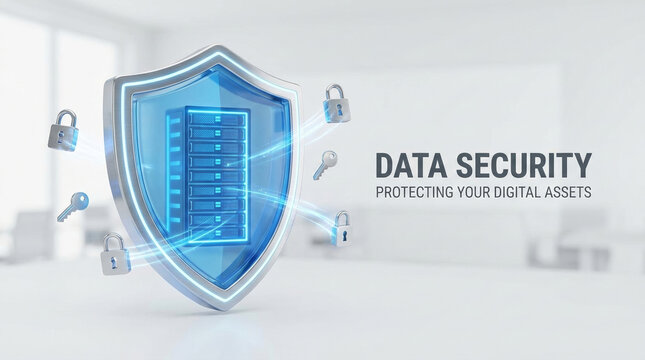 Illustration of a Blue Shield Symbolizing Data Security, Featuring a Server and Padlocks, Representing Protection of Digital Assets Perfect for a Design Background Concept