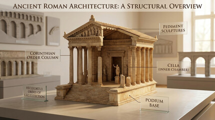 Naklejka premium Detailed Model Showcasing Ancient Roman Architecture, Featuring a Pediment, Corinthian Columns, and a Podium Base Illustrating a Creative Art and Design Concept
