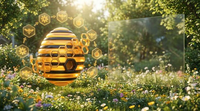 Golden Bee Hive Model Glowing in a Sunny Garden, Surrounded by Flowers, Representing the Importance of Bees in Global Ecosystems Showcasing an Animal and Wildlife Concept