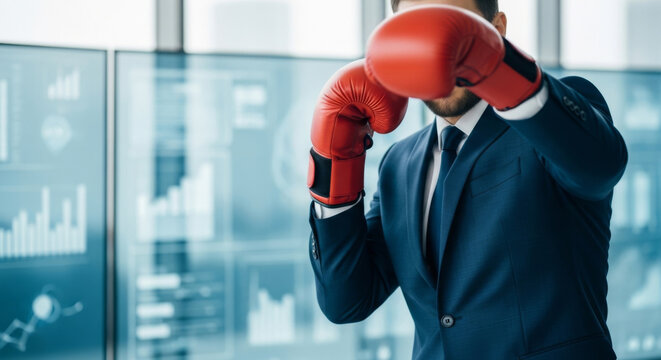 Focused Man in a Suit Wearing Red Boxing Gloves Showcasing Dedication and Determination in a Modern Office Setting Representing a Modern Business and Finance Concept