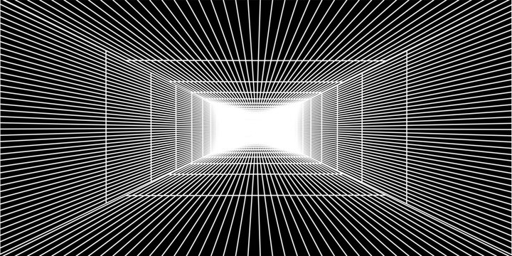 Futuristic perspective grid box. Abstract wireframe with white grid line on black background. Virtual reality landscape in 80s 90s digital style. Vector