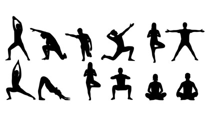 Workout and yoga pose silhouette set with stretching and fitness movements in black vector design © ema