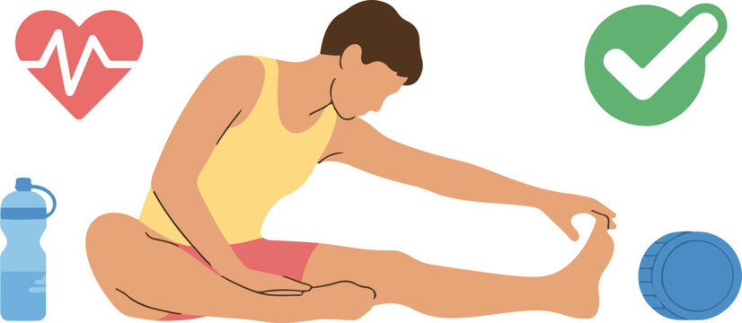 Man stretching on floor with water bottle foam roller checking heart rate and fitness progress symbols in modern workout setting