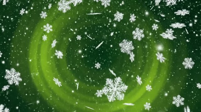 Snowflake animation on green background for winter and holiday themes