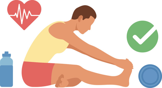 Man stretching on floor with water bottle foam roller checking heart rate and fitness progress symbols in modern workout setting