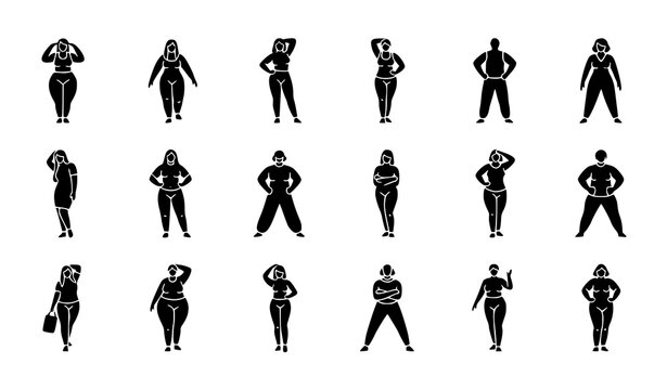 Inclusive body type icon pack with diverse human silhouettes in modern stylish poses vector