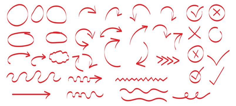 Hand drawn pen line highlight red set. Line red hand drawn pen marker stroke underline, arrow, check mark emphasis. Round oval, circle scribble frame, arrow elements . Vector illustration