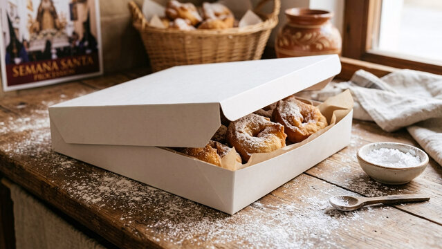 Open white cardboard box mockup with pastries and sugar