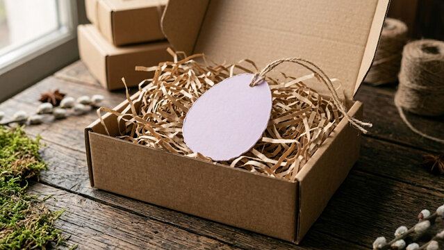 Blank egg shaped gift tag mockup in a box with shredded paper