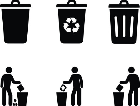 Waste management icons set featuring trash bins recycling symbols and people throwing garbage away for environmental sustainability clean city and eco friendly business concepts