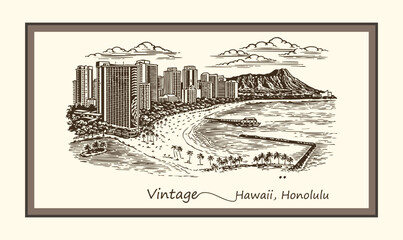 Vintage Honolulu Hawaii Beach Line Art Vector Illustration. © Miraj Rahman