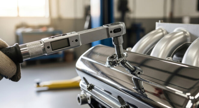 Close-up of a Hand Using a Torque Wrench on a Polished Engine Component in a Well-lit Workshop Highlighting an Industrial and Manufacturing Concept