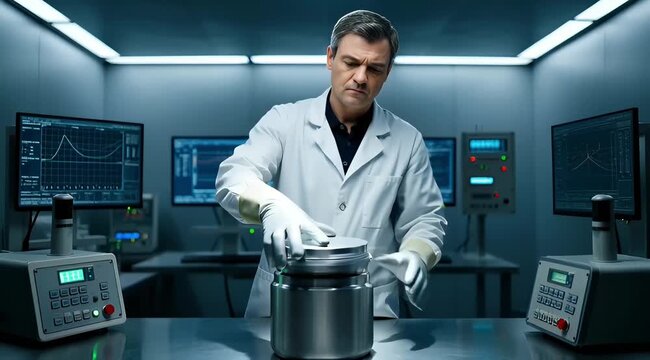 Scientist Examining Metal Cylinder in Modern Laboratory - Research Experiment and Technology Innovation Scene Video