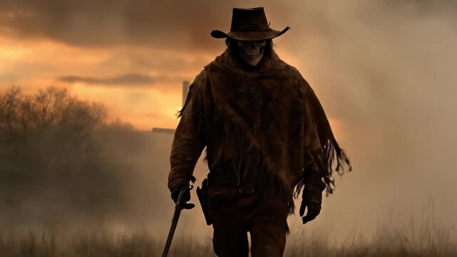 Mysterious cloaked figure, spectral wanderer, enigmatic gunslinger on a desolate frontier journey, grim spiritual quest at twilight, eerie sunset backdrop