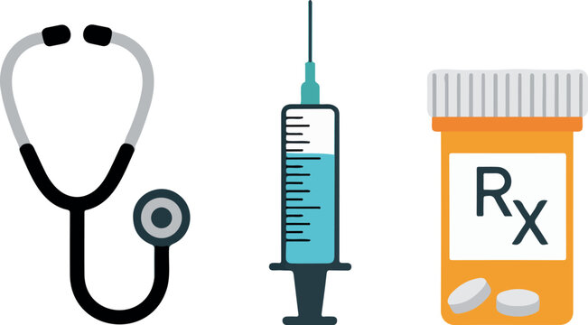 Medical icons set featuring stethoscope syringe with blue liquid and prescription pill bottle with Rx label on black background