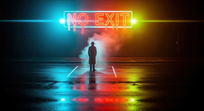 A man stands under a no exit sign on a dark road