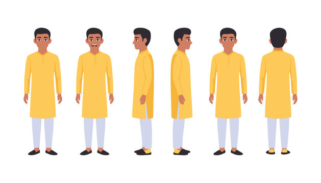 Man in traditional Indian kurta illustration in various poses and angles