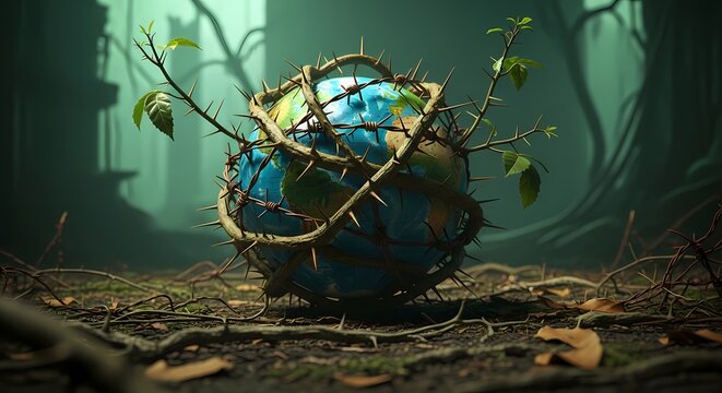 Environmental Struggle and Resilience Earth ensnared by thorns, with new green life emerging amidst degradation, symbolizing nature's enduring fight